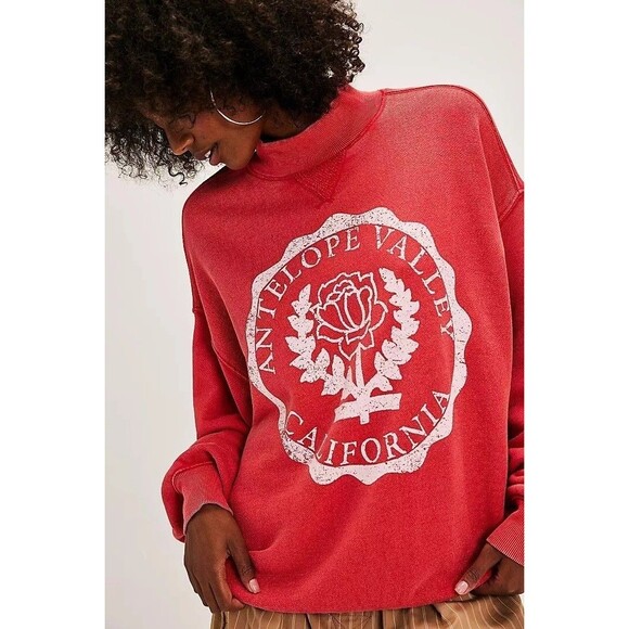 Free People Diana Sweatshirt Top Graphic Printed Oversized Slouchy Red L 284044 - Picture 4 of 10